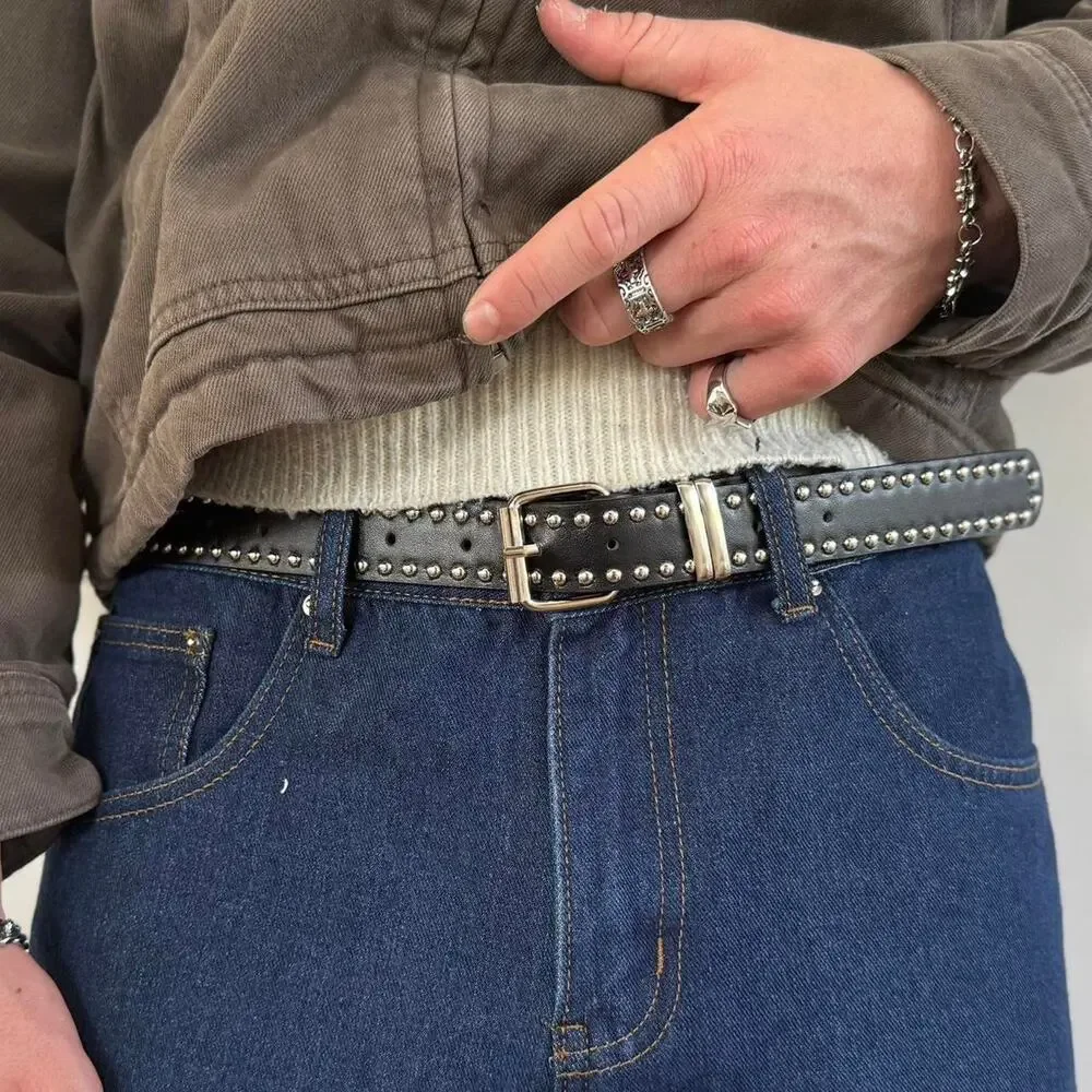 Vintage Silver and Black Studded Belt – Retro Unisex Style, Adjustable, New